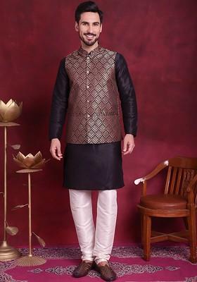 Maroon Embroidered Poly Blend Kurta Set For Men