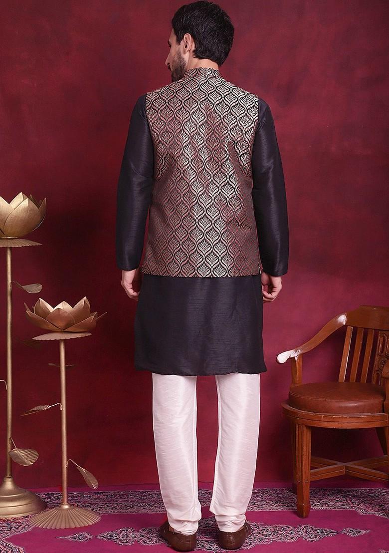 Maroon Embroidered Poly Blend Kurta Set For Men