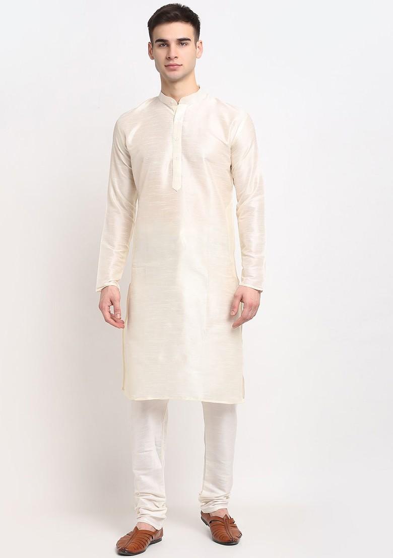 Cream Embroidered Poly Blend Kurta Set For Men