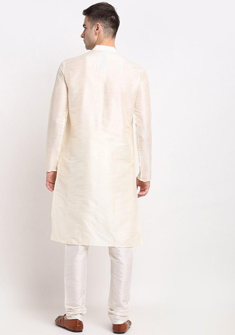 Cream Embroidered Poly Blend Kurta Set For Men