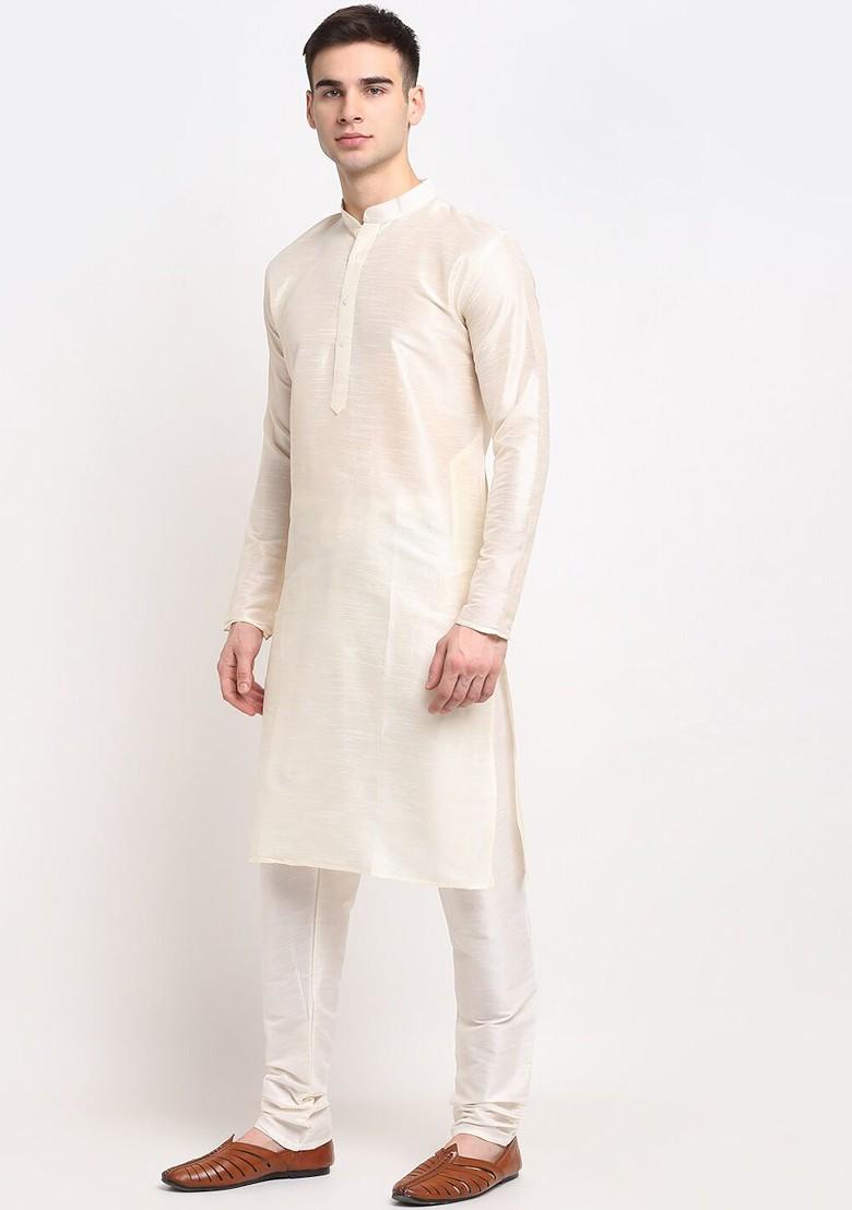 Cream Embroidered Poly Blend Kurta Set For Men