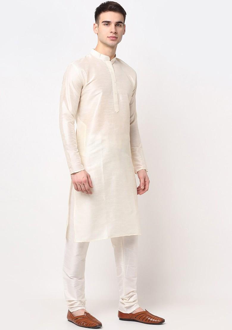 Cream Embroidered Poly Blend Kurta Set For Men