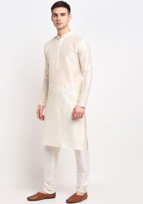 Cream Embroidered Poly Blend Kurta Set For Men