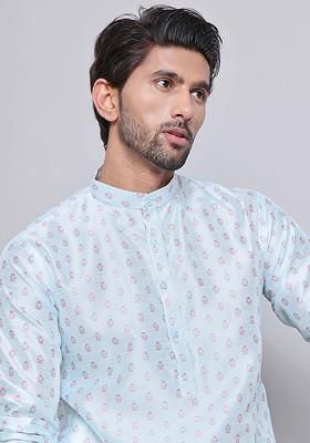 Turquoise Blue Printed Poly Blend Kurta Set For Men