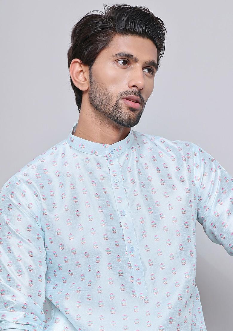 Turquoise Blue Printed Poly Blend Kurta Set For Men