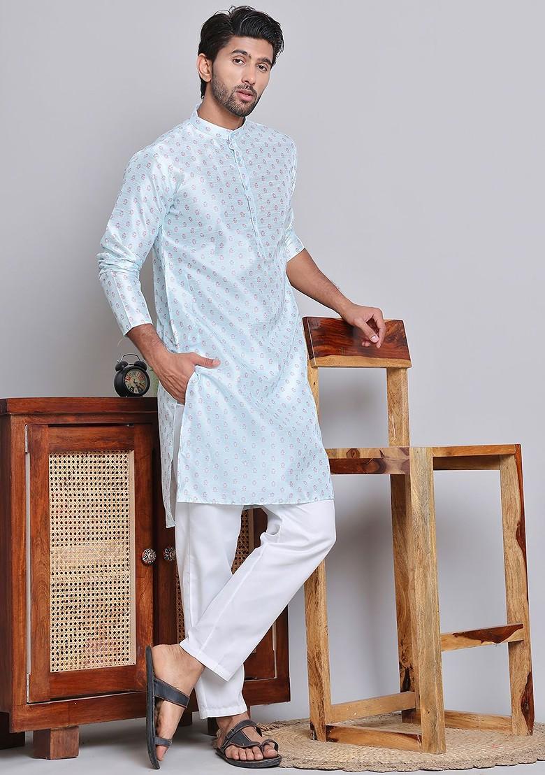 Turquoise Blue Printed Poly Blend Kurta Set For Men