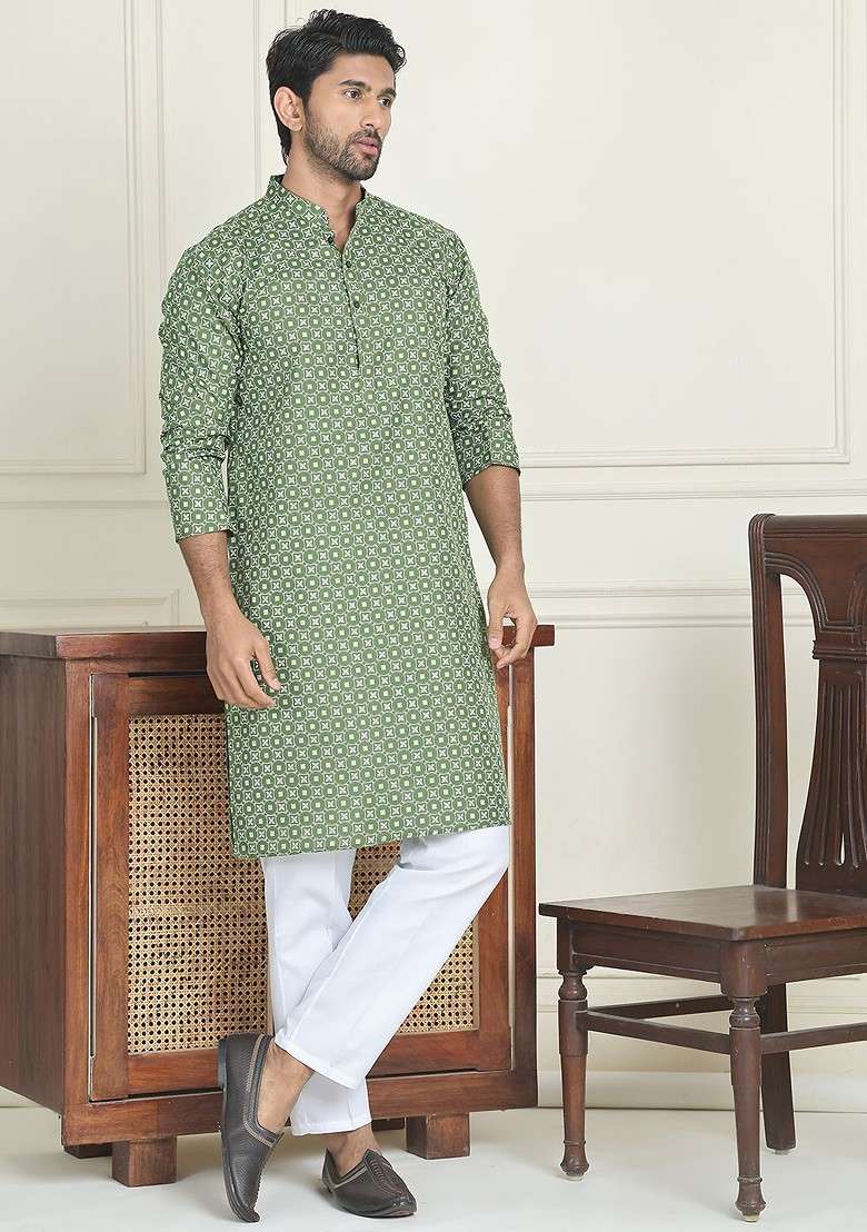 Olive Embroidered Poly Blend Kurta Set For Men - Indya