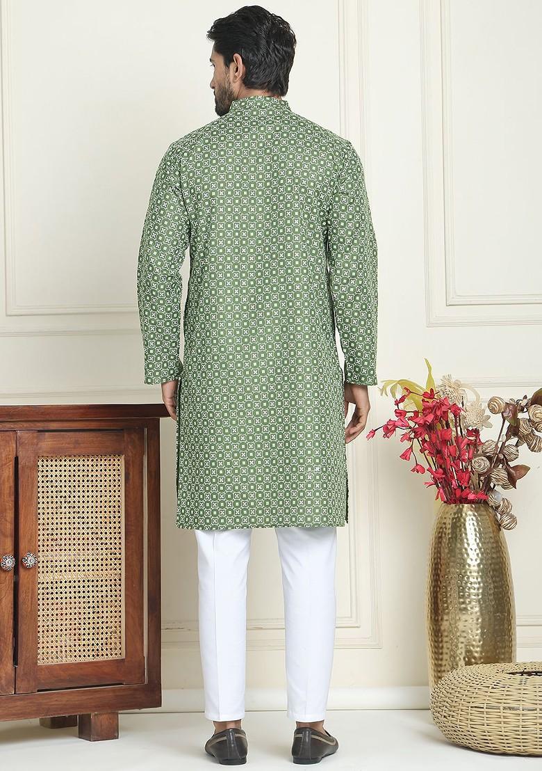 Olive Embroidered Poly Blend Kurta Set For Men