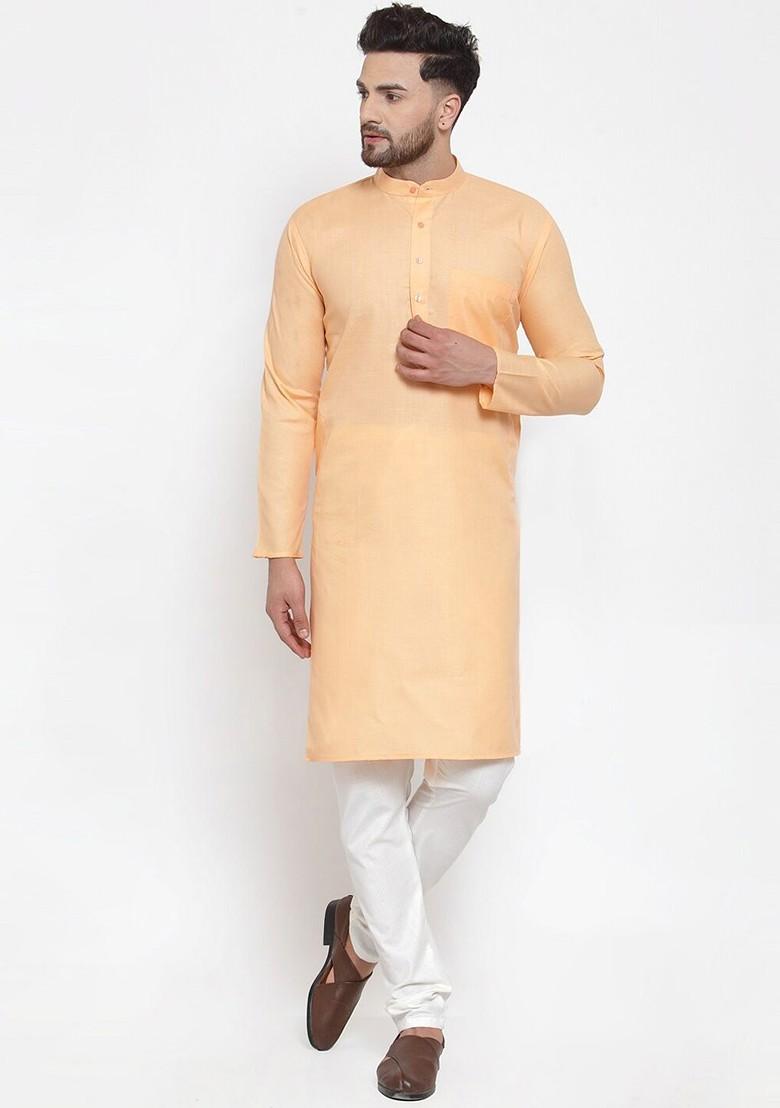 Peach Embroidered Poly Blend Kurta Set For Men