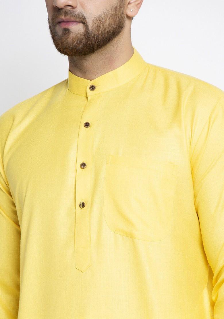 Yellow Embroidered Poly Blend Kurta Set For Men