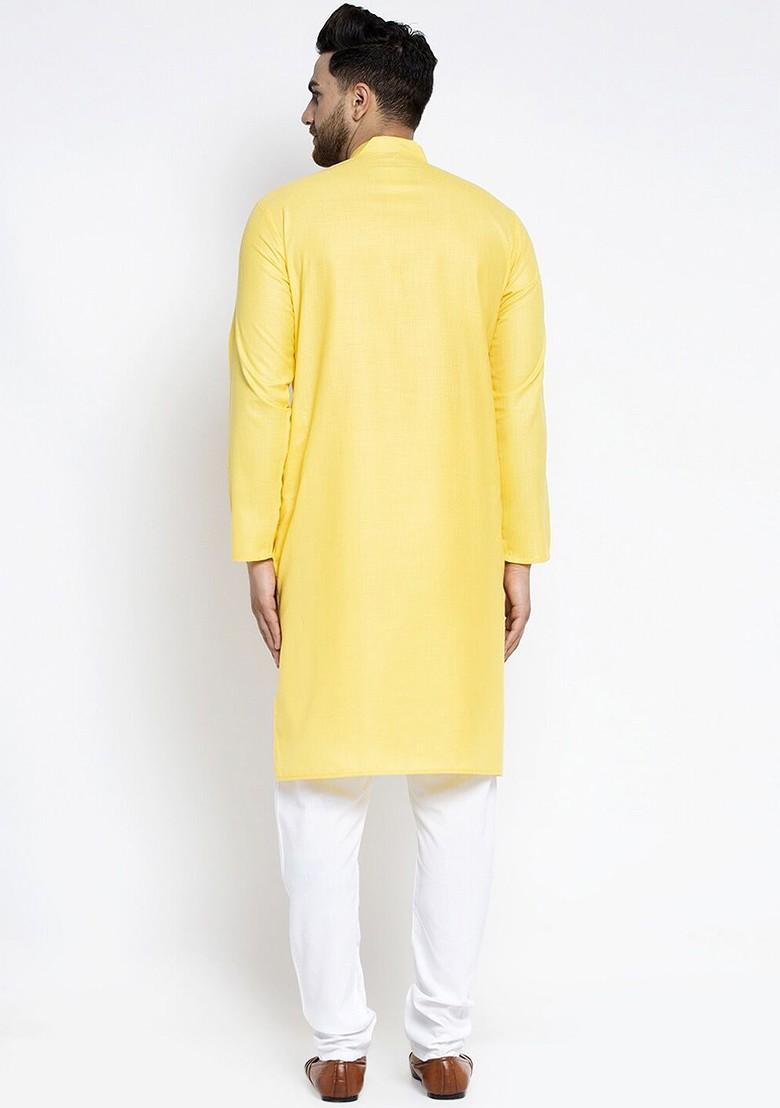 Yellow Embroidered Poly Blend Kurta Set For Men