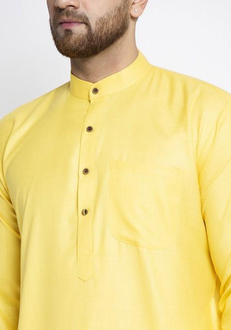 Yellow Embroidered Poly Blend Kurta Set For Men