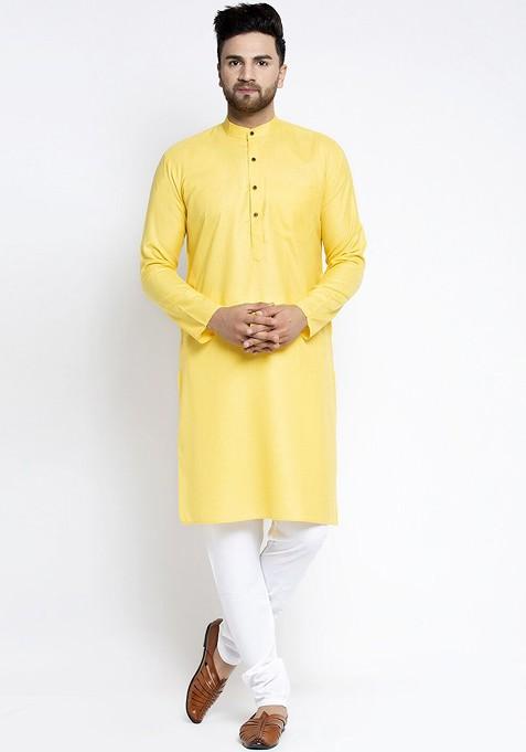 Yellow Embroidered Poly Blend Kurta Set For Men