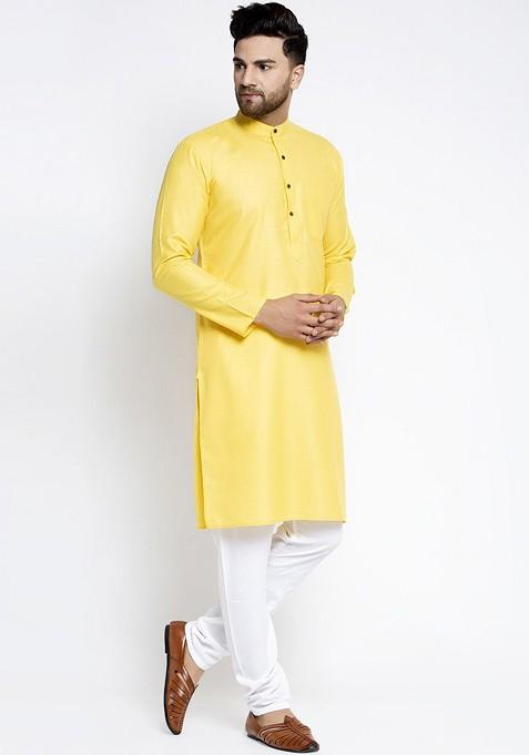Yellow Embroidered Poly Blend Kurta Set For Men