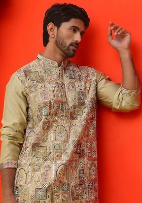 Green Embroidered Poly Blend Kurta Set For Men