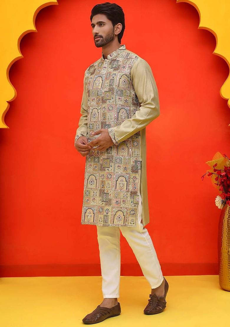 Green Embroidered Poly Blend Kurta Set For Men