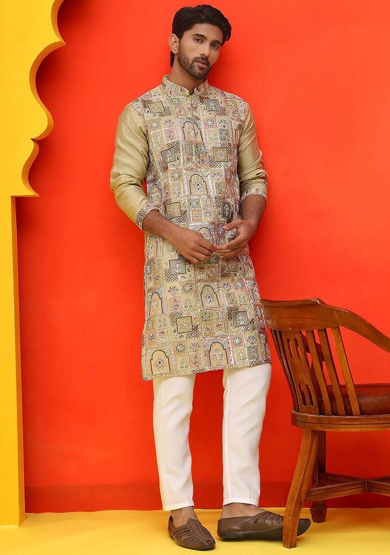 Green Embroidered Poly Blend Kurta Set For Men