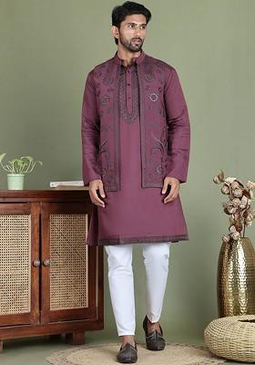 Purple Yoke Design Poly Blend Kurta Set For Men