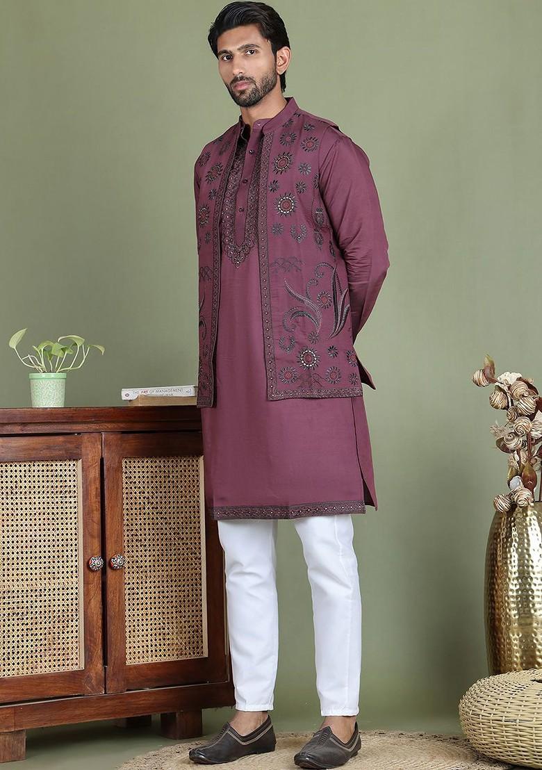 Purple Yoke Design Poly Blend Kurta Set For Men