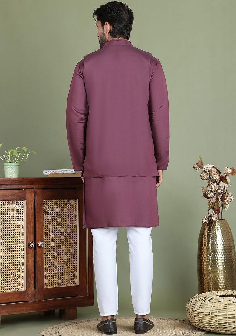 Purple Yoke Design Poly Blend Kurta Set For Men