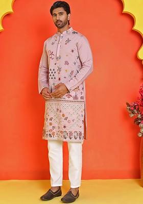 Purple Embroidered Poly Blend Kurta Set For Men