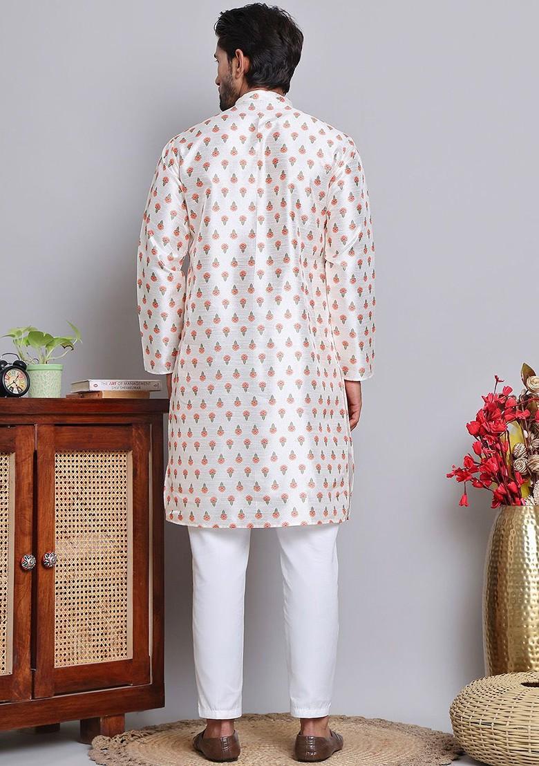 Cream Printed Poly Blend Kurta Set For Men