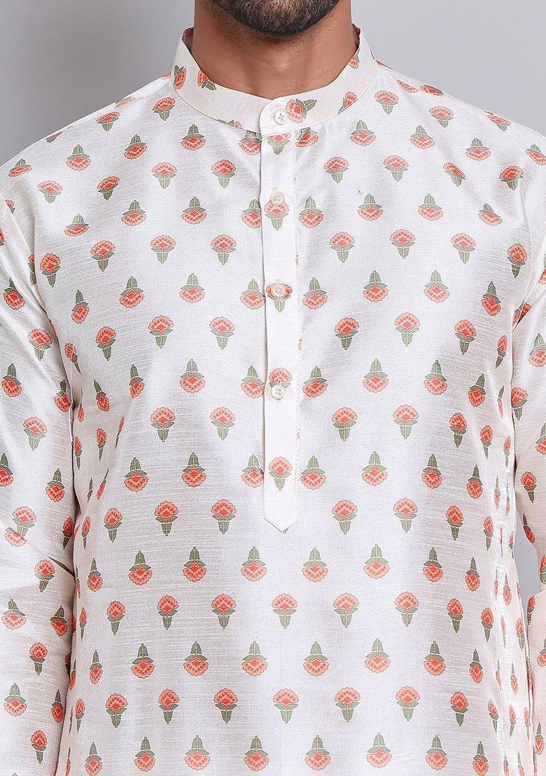 Cream Printed Poly Blend Kurta Set For Men