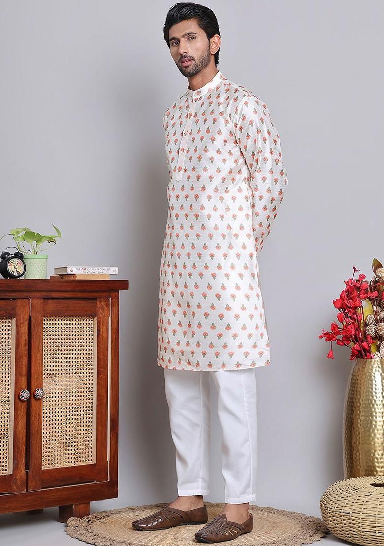 Cream Printed Poly Blend Kurta Set For Men
