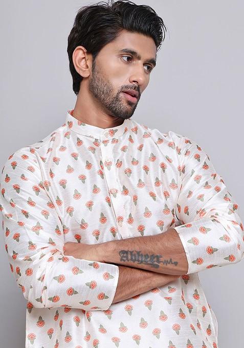 Cream Printed Poly Blend Kurta Set For Men
