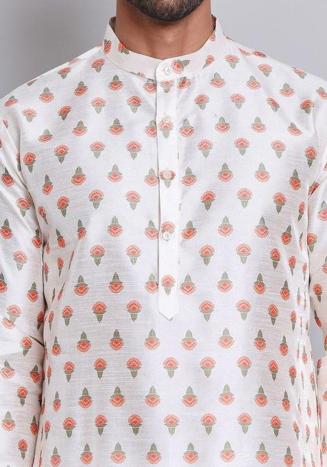 Cream Printed Poly Blend Kurta Set For Men