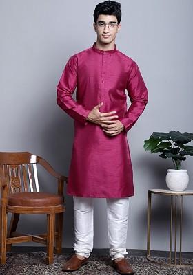 Purple Embroidered Poly Blend Kurta Set For Men