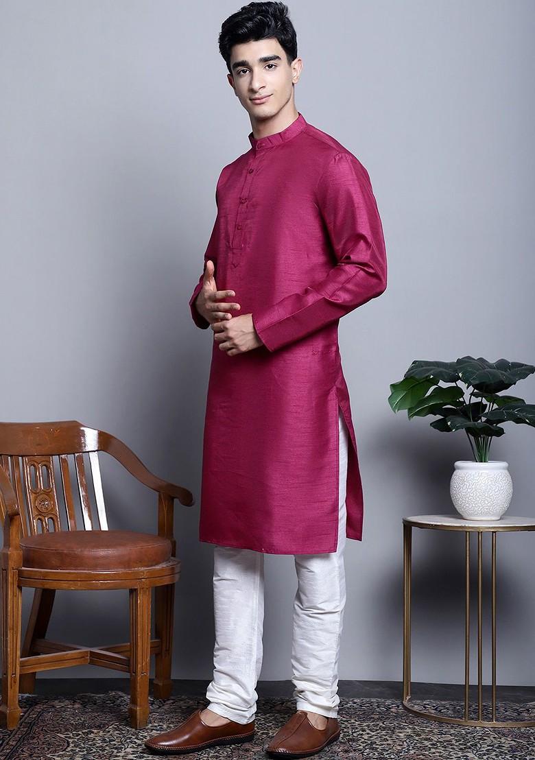 Purple Embroidered Poly Blend Kurta Set For Men