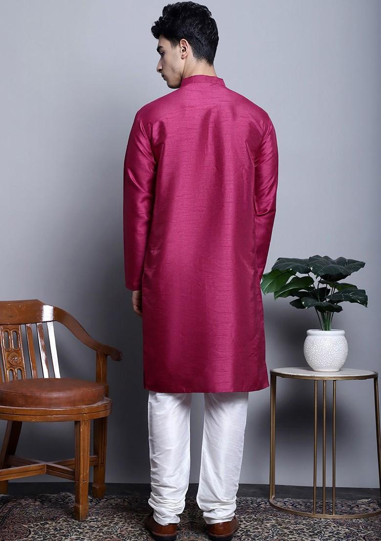 Purple Embroidered Poly Blend Kurta Set For Men