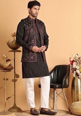 Black Yoke Design Poly Blend Kurta Set For Men