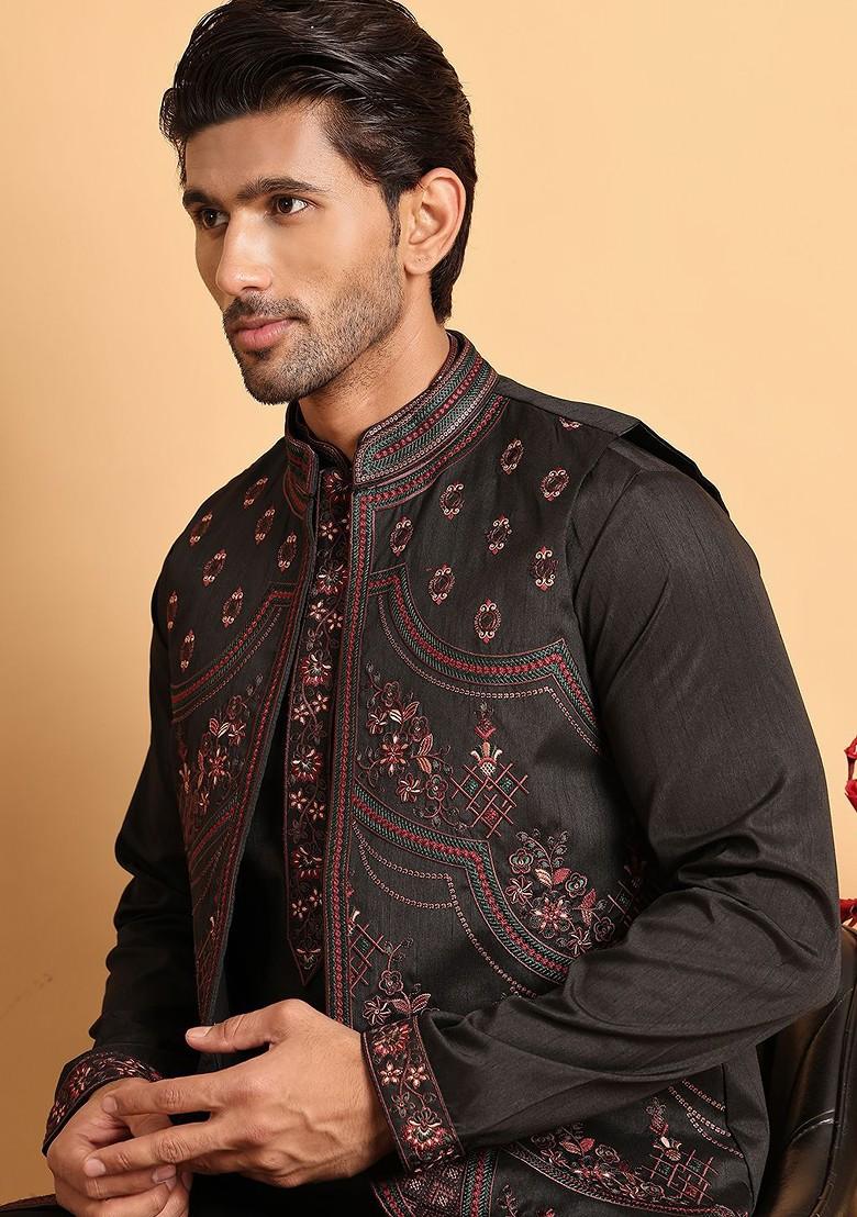 Black Yoke Design Poly Blend Kurta Set For Men