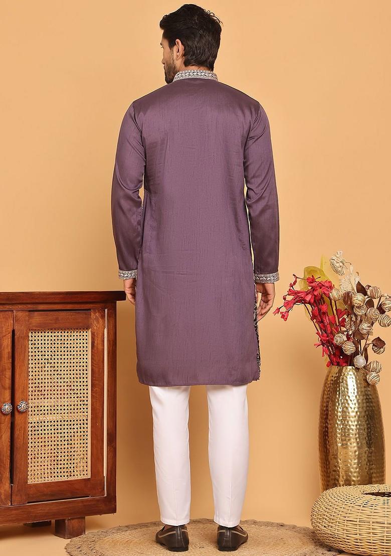 Purple Embroidered Poly Blend Kurta Set For Men