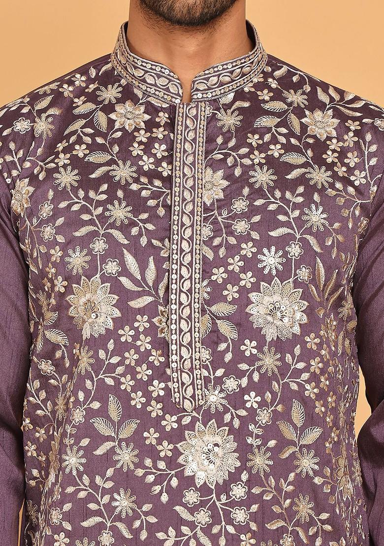 Purple Embroidered Poly Blend Kurta Set For Men