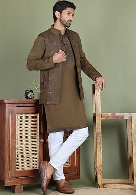 Olive Embroidered Poly Blend Kurta Set For Men