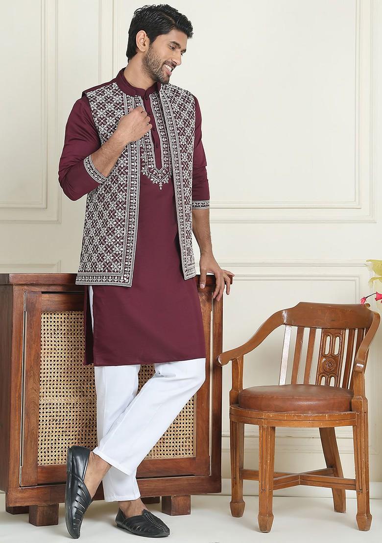 Burgundy Yoke Design Poly Blend Kurta Set For Men