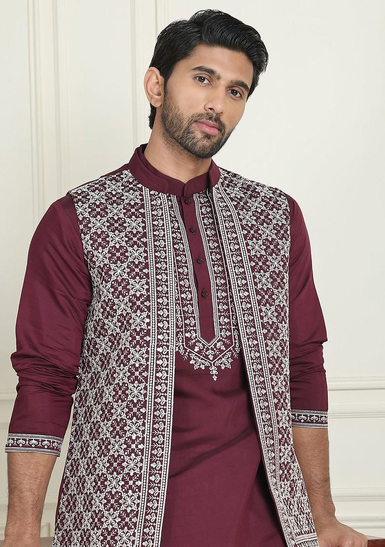 Burgundy Yoke Design Poly Blend Kurta Set For Men
