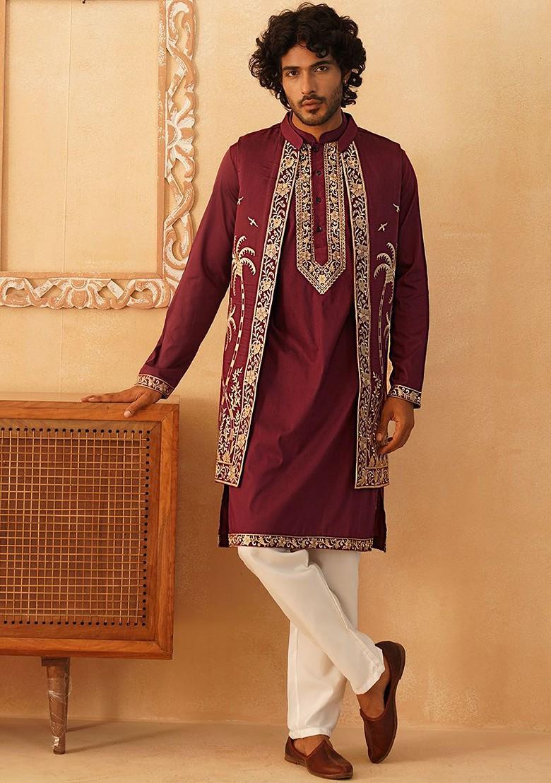 Purple Embroidered Poly Blend Kurta Set For Men