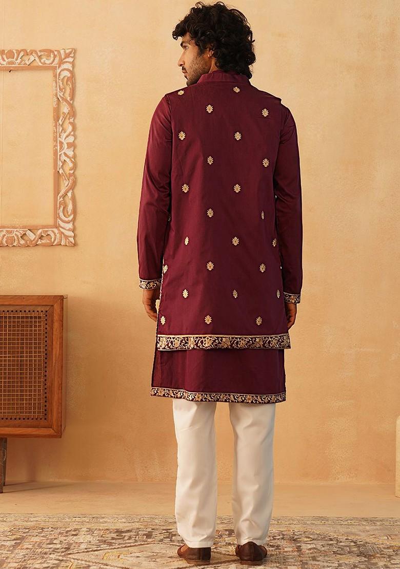 Purple Embroidered Poly Blend Kurta Set For Men
