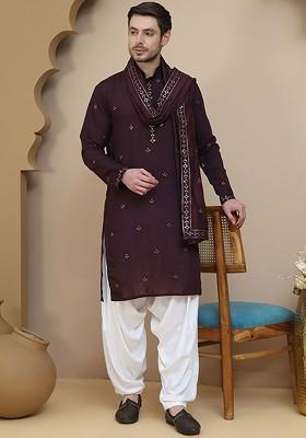 Purple Embroidered Poly Blend Kurta Set For Men