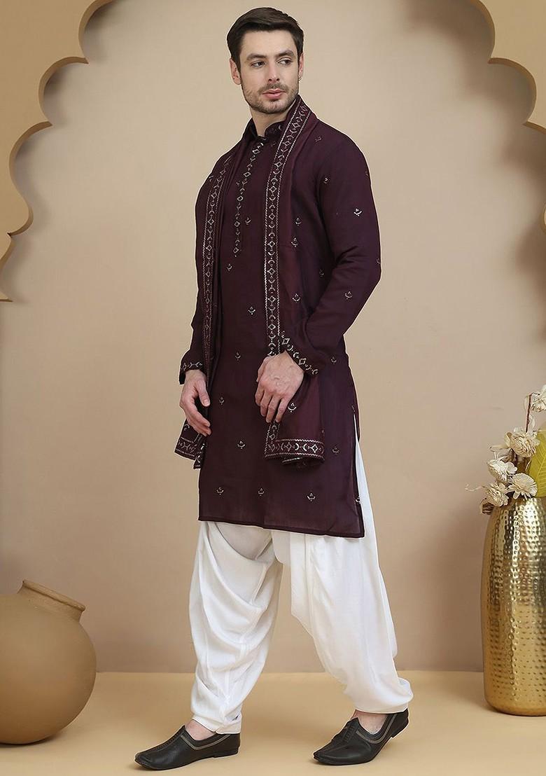 Purple Embroidered Poly Blend Kurta Set For Men