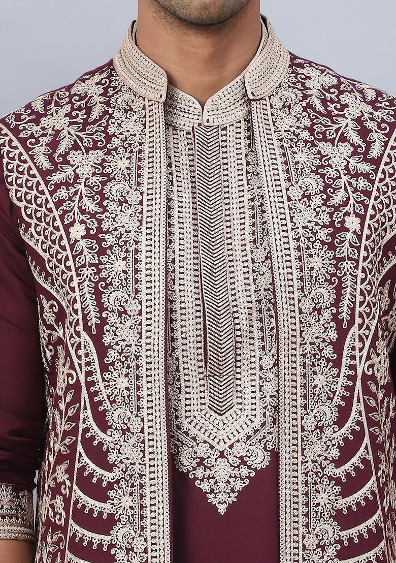 Maroon Embroidered Poly Blend Kurta Set For Men