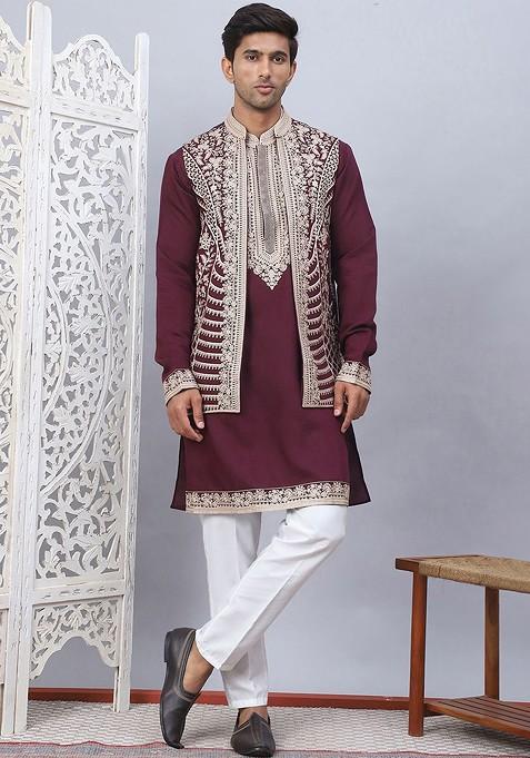 Maroon Embroidered Poly Blend Kurta Set For Men