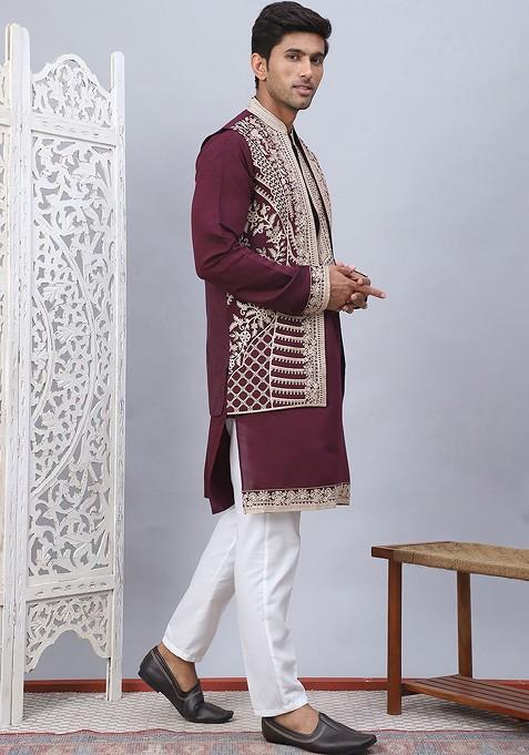 Maroon Embroidered Poly Blend Kurta Set For Men