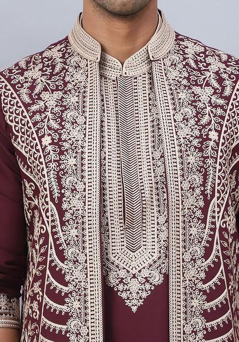 Maroon Embroidered Poly Blend Kurta Set For Men