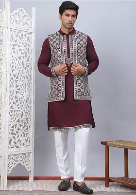 Purple Embroidered Poly Blend Kurta Set For Men