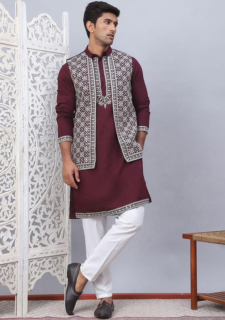 Purple Embroidered Poly Blend Kurta Set For Men